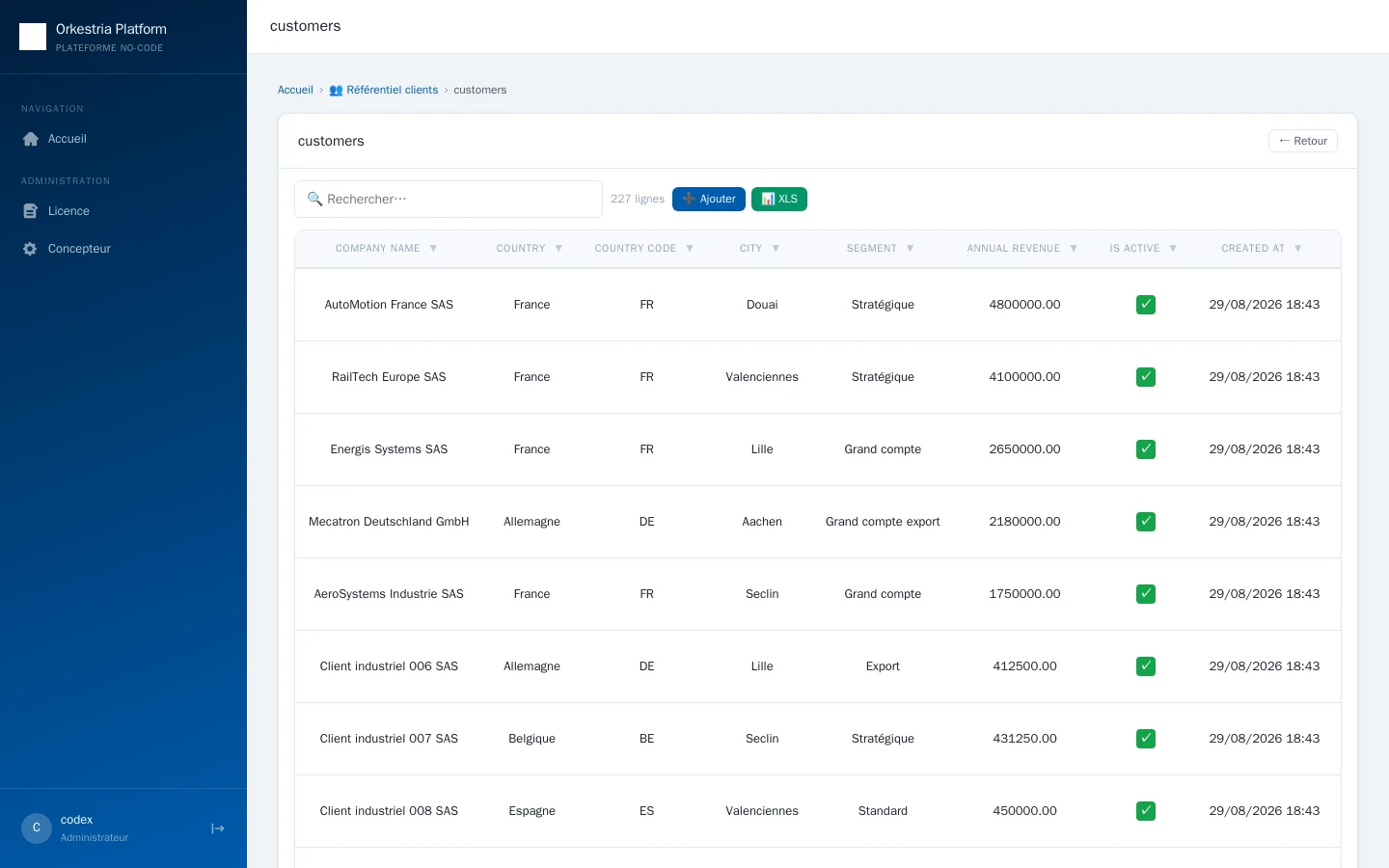 Liste du référentiel clients NOVAMÉCA dans Orkestria